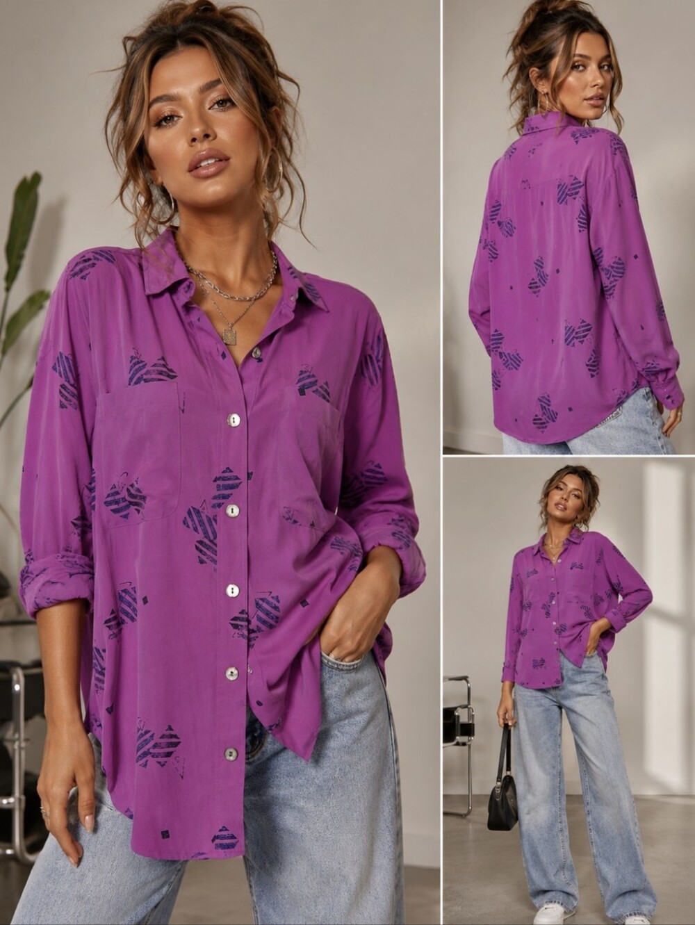 Vintage 100% Silk Abstract Purple Button Down Blouse Size 1 NWT